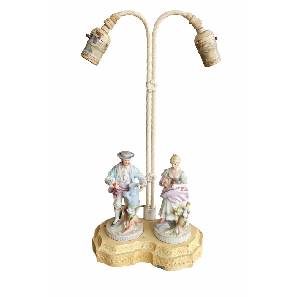 Vintage Victorian Porcelain Couple Table Lamp Double‎ Light Shabby Chic Untested